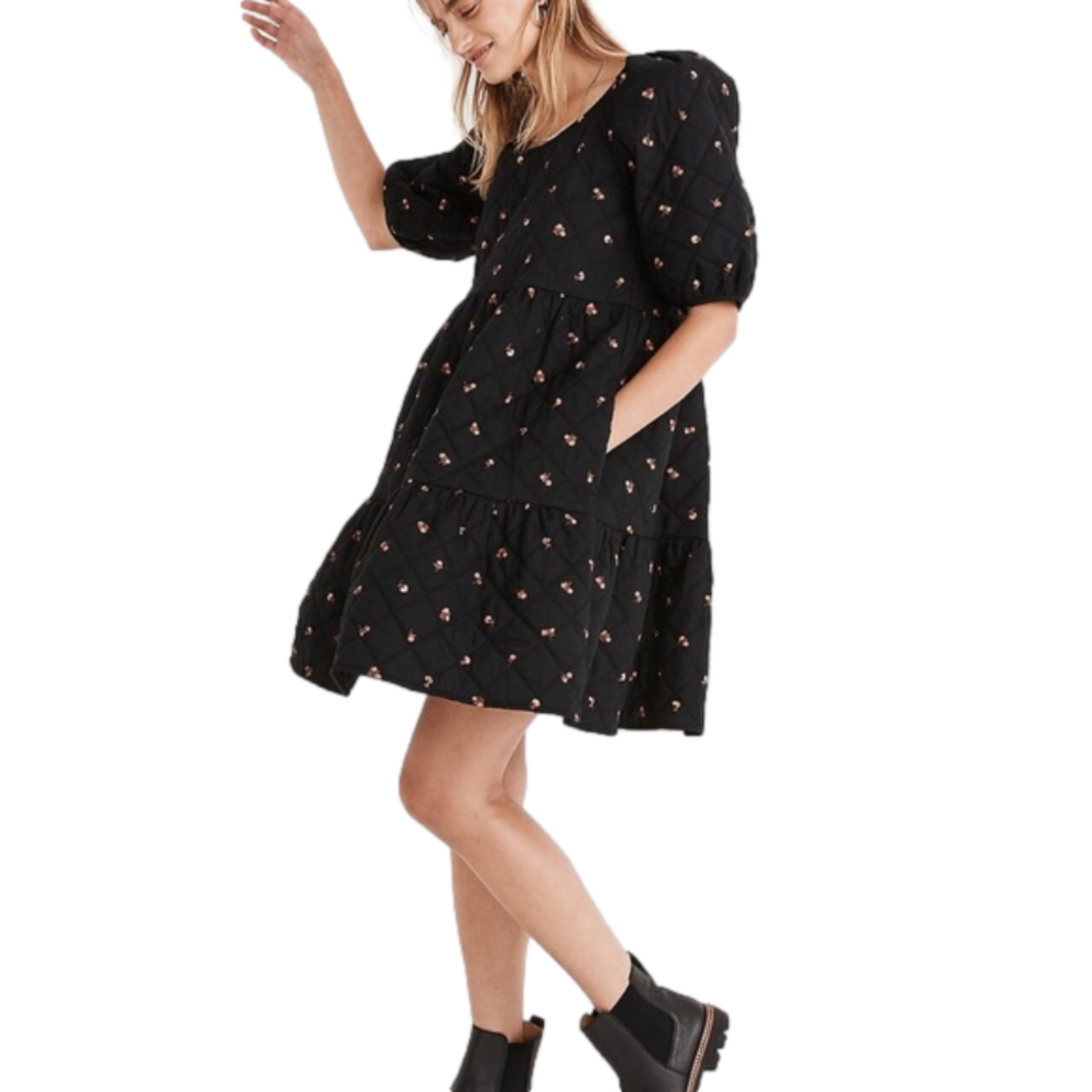 Madewell Black Quilted Puff-Sleeve Mini Dress in Amie Floral Size M